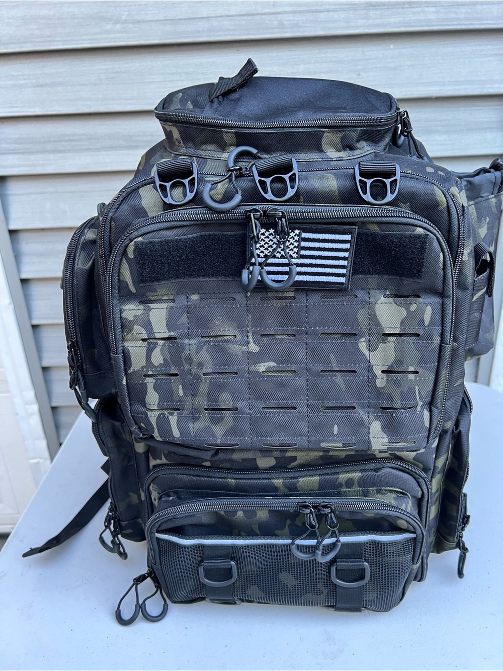 Fishing Tackle Camo Black Backpack 6 Pockets, 4 Removable Trays, Bottle Holder